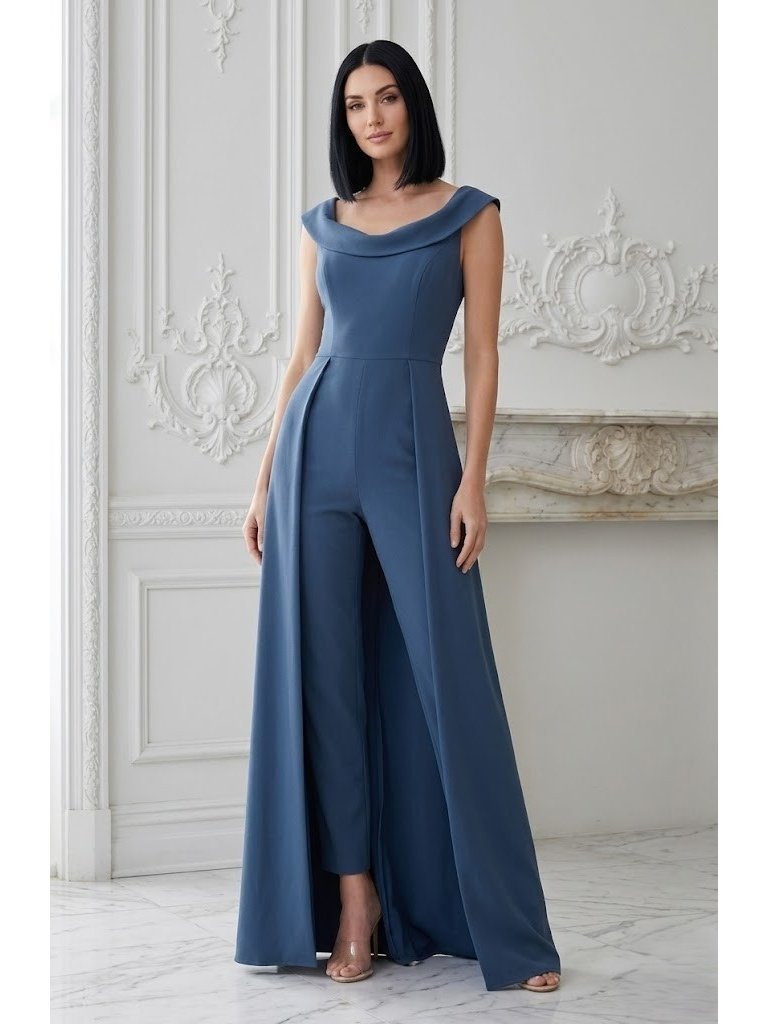 Nwt Kay Unger Anais In Dusty Blue Stretch Crepe Walk Through Jumpsuit Maxi 6